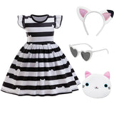 Girl Halloween Costume Set Black White Striped Dress With Cat Ears Headband Glasses Purse Accessories Birthday Party Outfit