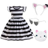 Girl Halloween Costume Set Black White Striped Dress With Cat Ears Headband Glasses Purse Accessories Birthday Party Outfit
