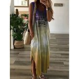 Women's Oversized Sleeveless Pocket Long Dress Women's Tie Dyed Letter Long Dress Casual Loose Slit Gradient Printed Dress - Lootquake