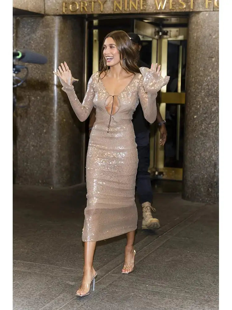 BEVENCCEL Sexy Luxury Sequins Deep V Long Sleeve Backless Sequins Long Dress Elegant  Bodycon Maxi Evening Party Clubwear Dress - Lootquake