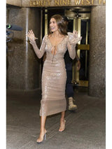 BEVENCCEL Sexy Luxury Sequins Deep V Long Sleeve Backless Sequins Long Dress Elegant  Bodycon Maxi Evening Party Clubwear Dress - Lootquake
