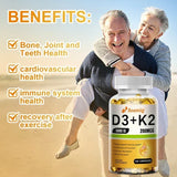 Cápsulas de vitamina D3 (5000 UI) y 200 mcg de vitamina K2 (MK-7) para la absorción de calcio, la regeneración ósea y el refuerzo inmunitario. Fáciles de disolver.