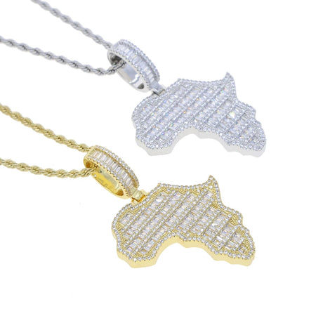 New Arrive Rectangle Cubic Zirconia CZ Paved Bling Africa Map Shaped Pendant Necklace Hip Hop Men Boy Cool Meaning Jewelry - Lootquake
