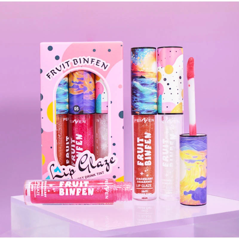 3pcs Oil Painting Lip Gloss Set,Mirror Water Glow Moisturizing Brighten Lipstick,Hydrating Nourishing Fruit Flavor Lip Care Balm