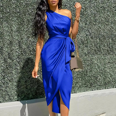 Fashion One Shoulder Long Dress Women Summer Solid Color Slim Waist Pencil Dress Ladies Backless Lace Up Evening Party Dresses - Lootquake