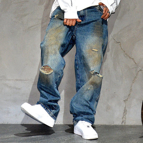 American Vintage Baggy Jeans Mens Clothing High Quality Korean Hip Hop Ripped Jeans Streetwear Skateboard Denim Pants Trousers - Lootquake