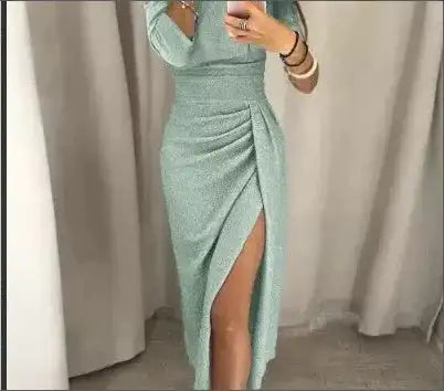 Slit Slash-neck Dress Women Sparkling Slim Long Dress Summer Korean Fashion Dinner Dress Bodycon Solid  Women Dresses Vestidos - Lootquake