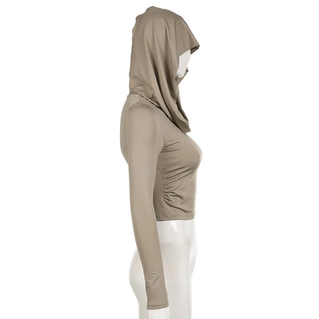 Women's Hooded Crop Tops Autumn Solid Color Long Sleeve Cowl Neck Slim Fit Short T-Shirt Streetwear Sporty Basics Tees - Lootquake