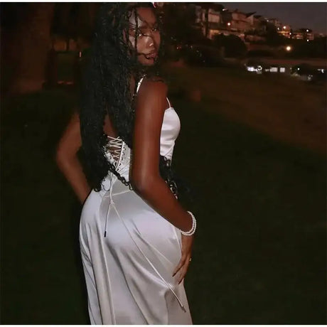 Women's Solid Sexy Satin Lace Up Backless Long Dress Elegant High Waist Square Neck Slim Sling Dresses 2025 Female Beach Robes - Lootquake