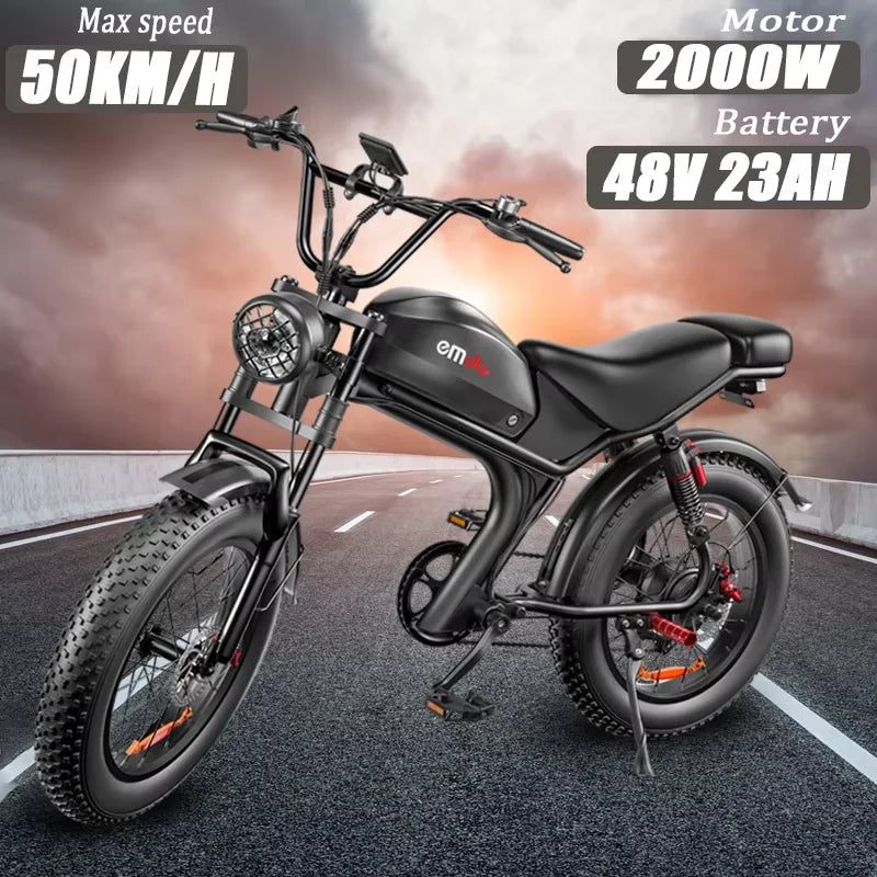 Bicicleta eléctrica C93 2000w con motor dual, batería de litio de 48V 23AH para adultos, bicicleta eléctrica de 20 pulgadas con neumáticos anchos, bicicleta todoterreno de montaña