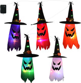 Halloween Decorations Outdoor 5 PCS Hanging Halloween Lighted Glowing Ghost Witch Hat with LED String Lights for Party Garden