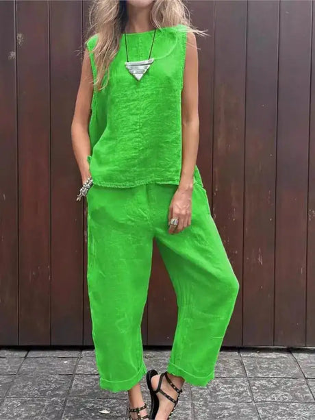 Summer Cotton And Linen Casual Outfits Female Fashion Solid Color Two-piece Set For Women Sleeveless Top Trousers Women's Suit - Lootquake
