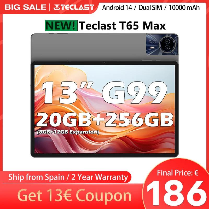Tablette Teclast T65 Max 13 pouces Android 14 Mediatek Helio G99 (extension 8 Go + 12 Go) 20 Go RAM 256 Go ROM Batterie 10 000 mAh Double SIM 4G LTE 1920 x 1200 GPS Widevine L1 pour Netflix