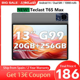 Tablette Teclast T65 Max 13 pouces Android 14 Mediatek Helio G99 (extension 8 Go + 12 Go) 20 Go RAM 256 Go ROM Batterie 10 000 mAh Double SIM 4G LTE 1920 x 1200 GPS Widevine L1 pour Netflix