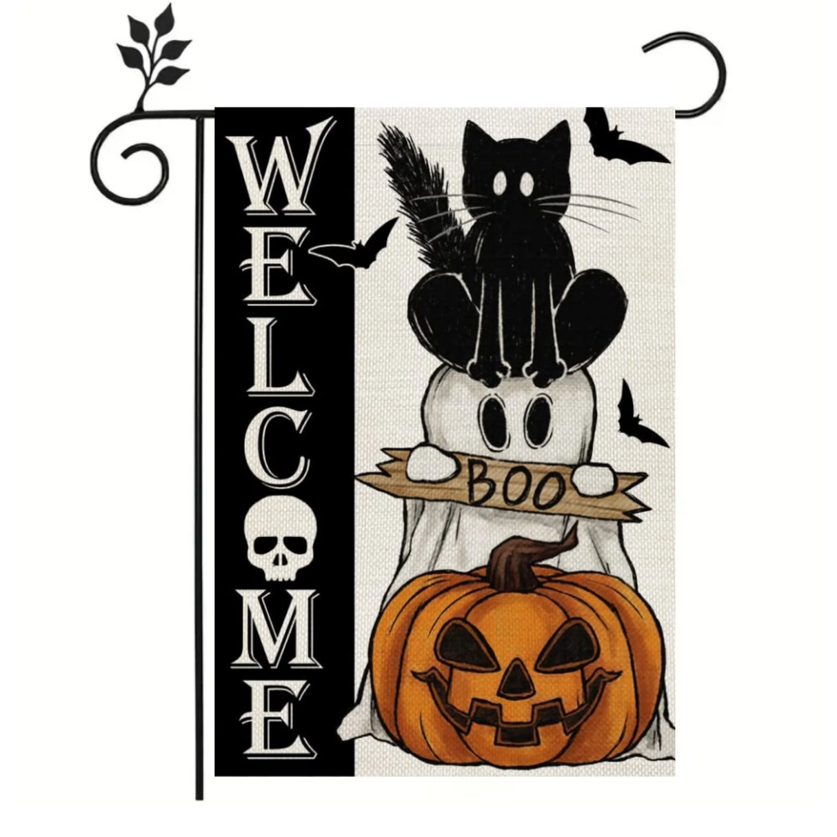 Drapeau rustique de bienvenue pour Halloween, décoration double face verticale en toile de jute, crâne, chat noir, fantôme, lampe citrouille, chauves-souris, décoration de jardin extérieure