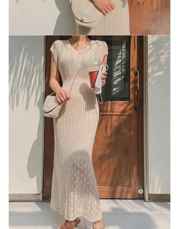 Summer High Quality Korean Simple Hollow Out Vest Knit Sweater Dress Women Japanese Gentle V-Neck Slim Elastic Knit Long Dress - Lootquake