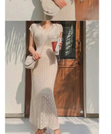 Summer High Quality Korean Simple Hollow Out Vest Knit Sweater Dress Women Japanese Gentle V-Neck Slim Elastic Knit Long Dress - Lootquake
