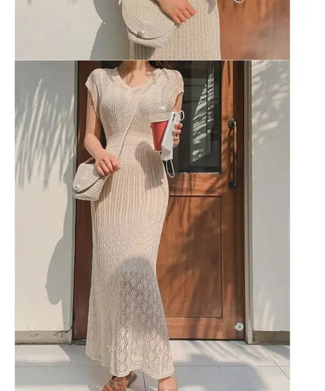 Summer High Quality Korean Simple Hollow Out Vest Knit Sweater Dress Women Japanese Gentle V-Neck Slim Elastic Knit Long Dress - Lootquake