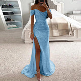 Sexy Sequin Evening Party Prom Long Dress Women Elegant V-Neck Gown Dress Off Shoulder Slim High Split Gown Female Vestidos - Lootquake