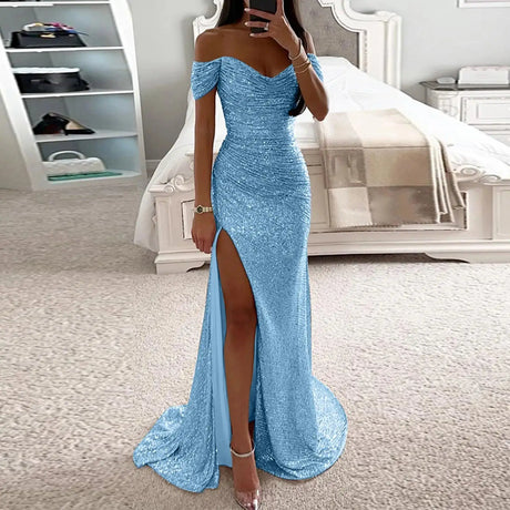 Sexy Sequin Evening Party Prom Long Dress Women Elegant V-Neck Gown Dress Off Shoulder Slim High Split Gown Female Vestidos - Lootquake