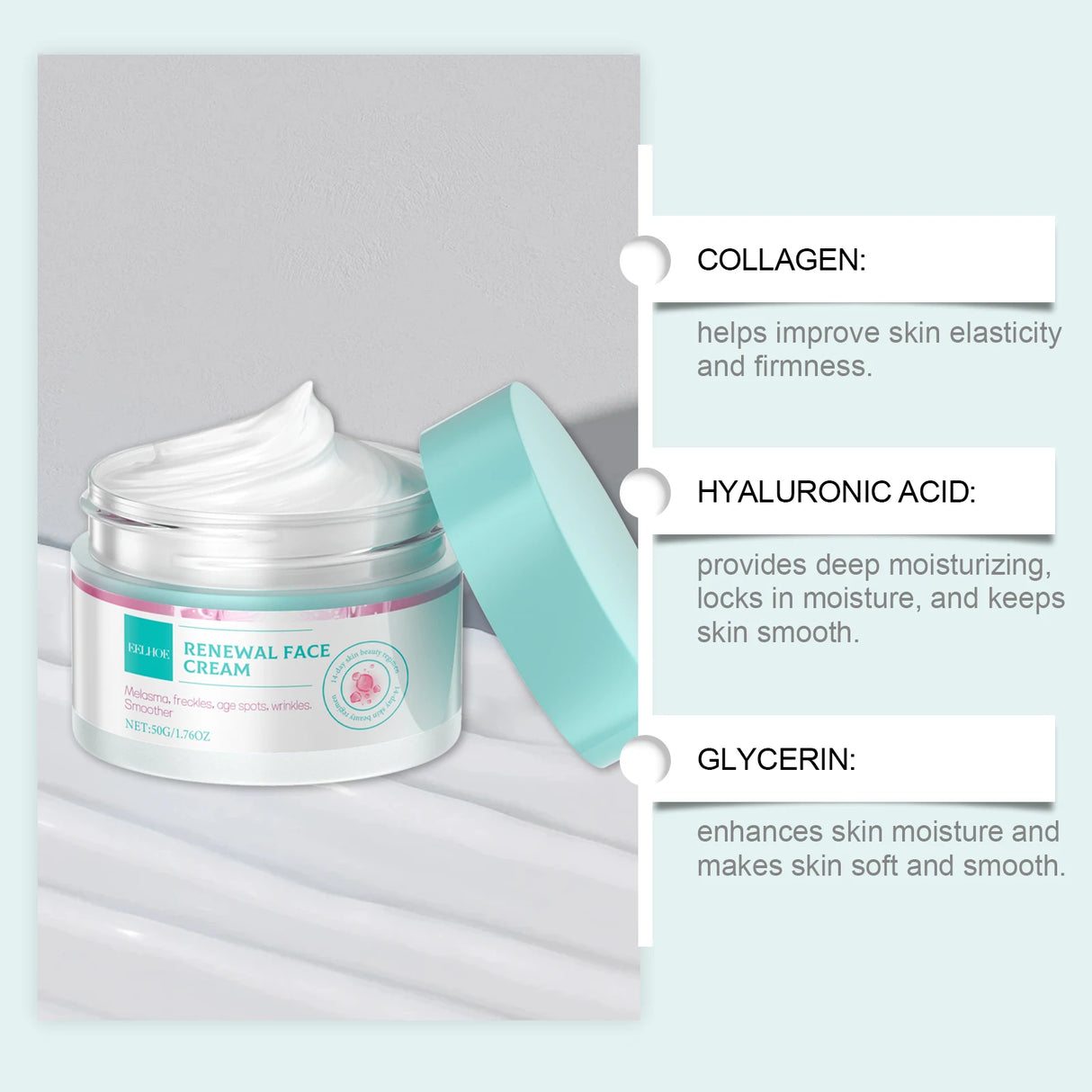 Crema facial reafirmante con colágeno, renovación, nutrición profunda, reducción de manchas oscuras, pecas, aclaramiento, piel suave, lifting, crema reafirmante.