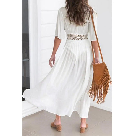 Summer Sexy Hollow Out Beach Tunic Pareo White V Neck Cover Up Long Dress Bikini Cover Up  Swimwear Bathing Suit Beachwear - Lootquake