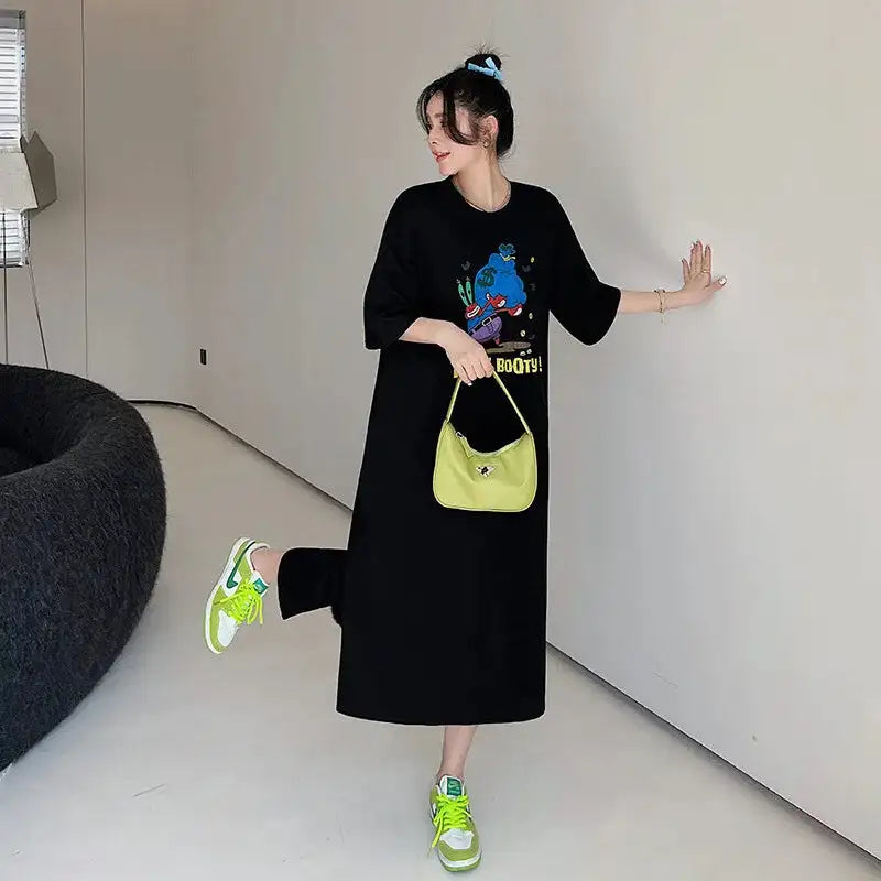 Vestido largo blanco con estampado Harajuku para mujer, ropa Y2K, informal, de manga corta y cuello redondo, moda coreana, vestidos sueltos de verano para mujer 2024