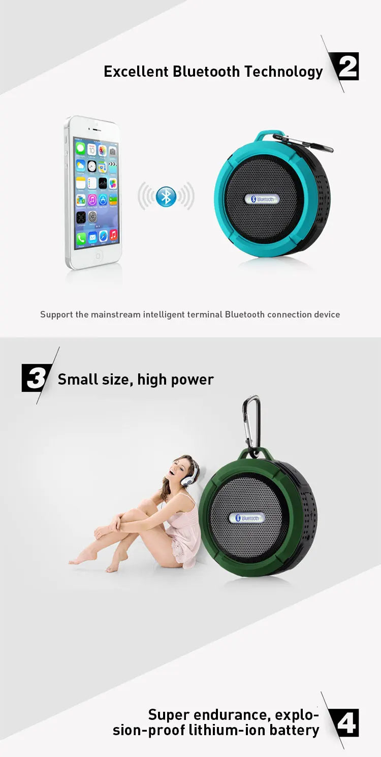 Altavoz Bluetooth inalámbrico impermeable con ventosa para deportes al aire libre, mini subwoofer para ducha, coche, teléfono inteligente, micrófono TF C6