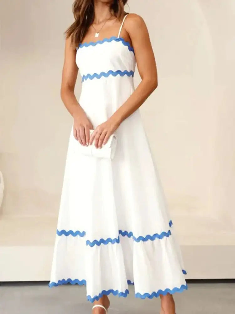 Striped Contrasting Colors Long Dress Women Spaghetti Strap High Waist Backless Party Evening Dresses Female Sleeveless Spring - Lootquake