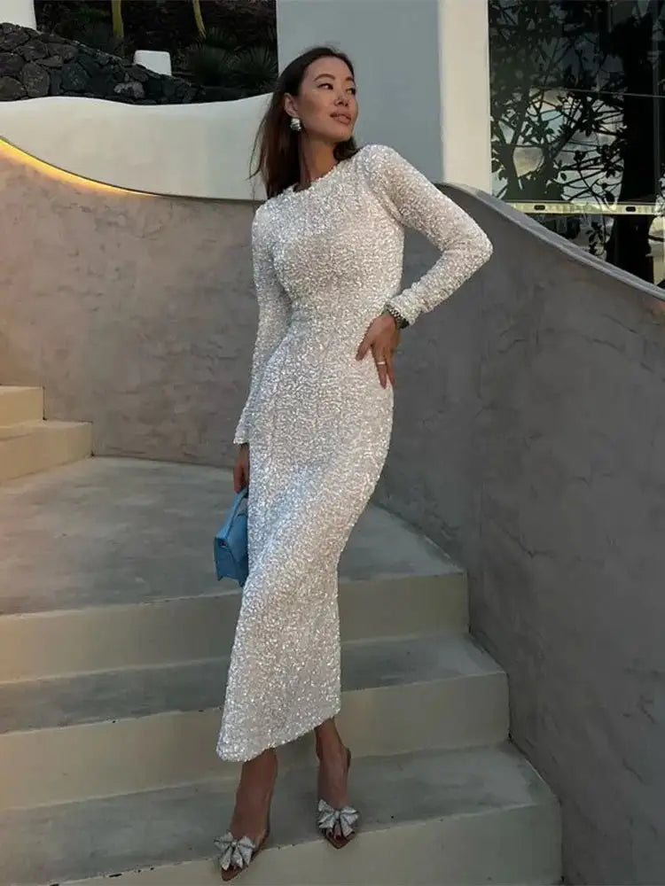 Sequined Party Dresses For Women Removable Sleeve O-neck Slim Long Dress Female 2025 Elegant White Lady Sexy Evening Vestidos - Lootquake