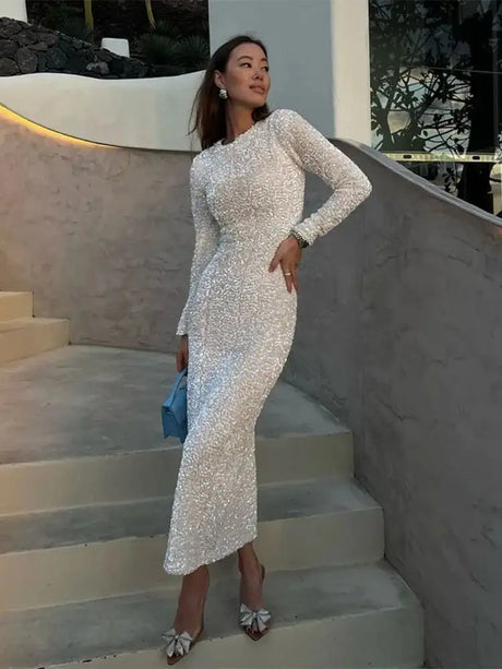 Sequined Party Dresses For Women Removable Sleeve O-neck Slim Long Dress Female 2025 Elegant White Lady Sexy Evening Vestidos - Lootquake