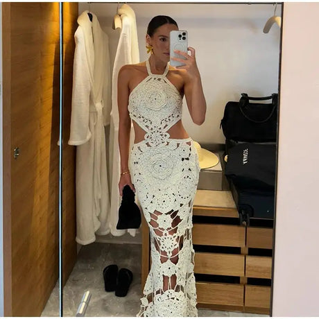 Fashion Hollow Out Halter Maxi Dress For Women 2024 Sexy Sleeveless Backless Long Dress Holiday Hook Flower Knitted Beach Robe - Lootquake