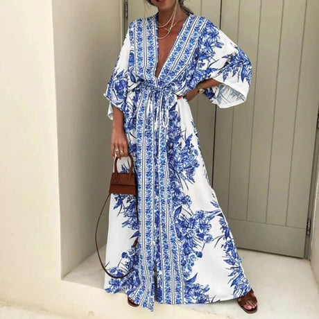 2025 Boho Print Half Sleeve Long Dress Women Fashion Japanese Kimono Lace-Up Robe Summer Sundress Holiday Beach Dress Vestidos - Lootquake