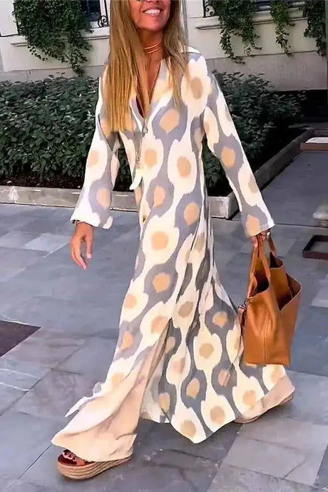 Bohemian Casual Print V-neck Long Dress Spring Autumn Vintage Mosaic Print Maxi Dress Loose Long Sleeve Holiday Dresses Vestido - Lootquake