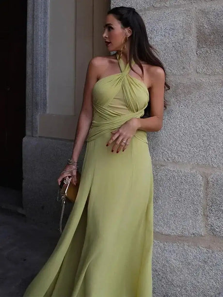 Hanging Neck Strap Split Long Dress Women Wrap Chest Backless High Waisted Slim Fit Robes Summer Chic Female Streetwear Vestido - Lootquake