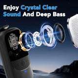 Altavoz Bluetooth inalámbrico portátil con clip y micrófono incorporado, ideal para deportes al aire libre.