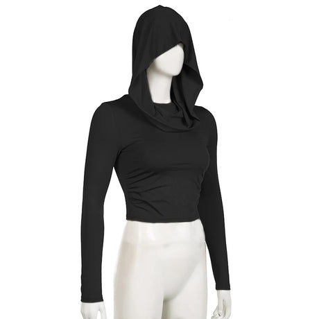 Women's Hooded Crop Tops Autumn Solid Color Long Sleeve Cowl Neck Slim Fit Short T-Shirt Streetwear Sporty Basics Tees - Lootquake