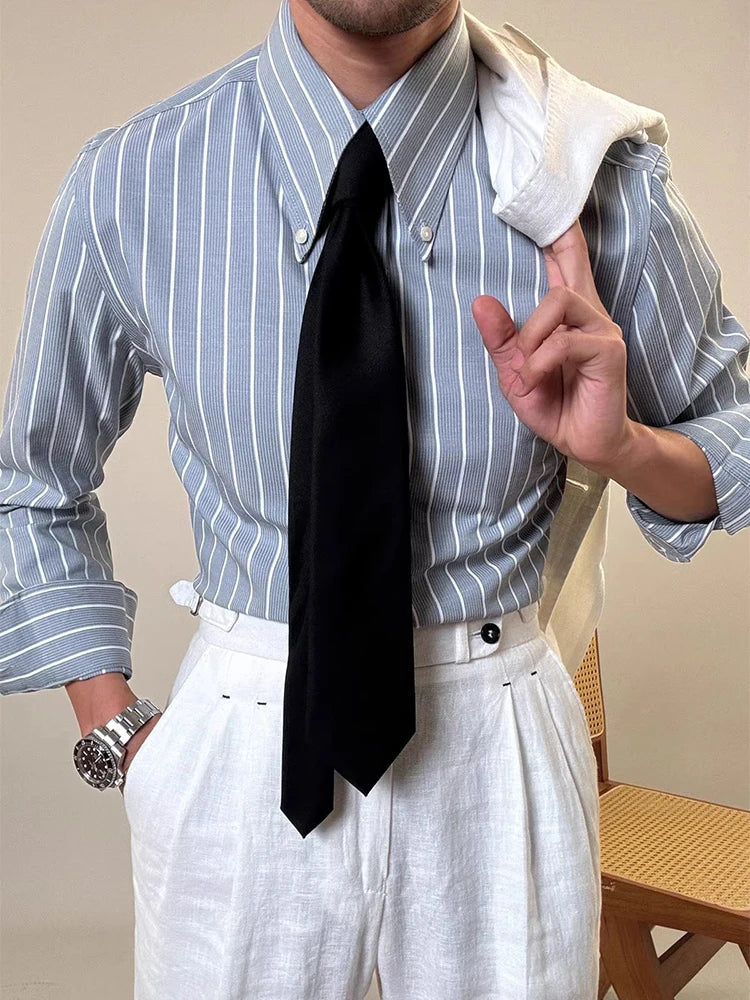 Vintage Striped Printed Slim Shirts Mens Casual Long Sleeve Lapel Buttoned Shirt 2025 Spring Fall Mens Shirt Naple Style Clothes