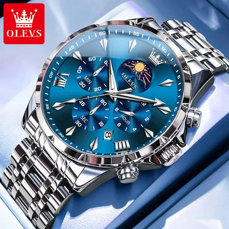 OLEVS 3653 Men Watch Luxury Brand Quartz Watch Multi functional Automatic Date Timer Watch Waterproof Luminous Moonphase Watch - Lootquake
