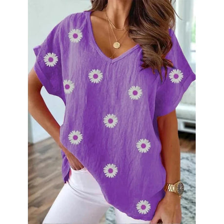 Summer Floral Flower T-shirt 3D Print Women Y2k Tops Streetwear T Shirts Harajuku Oversized Elegant V-Neck Tees Woman Clothing - Lootquake
