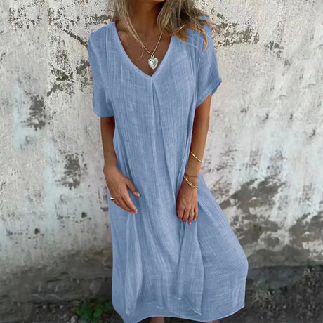 Cotton Linen Short Sleeve Loose Dress 2024 Summer Women's V-neck High Waist Long Dress Vintage Solid Color Straight Beach Dress - Lootquake