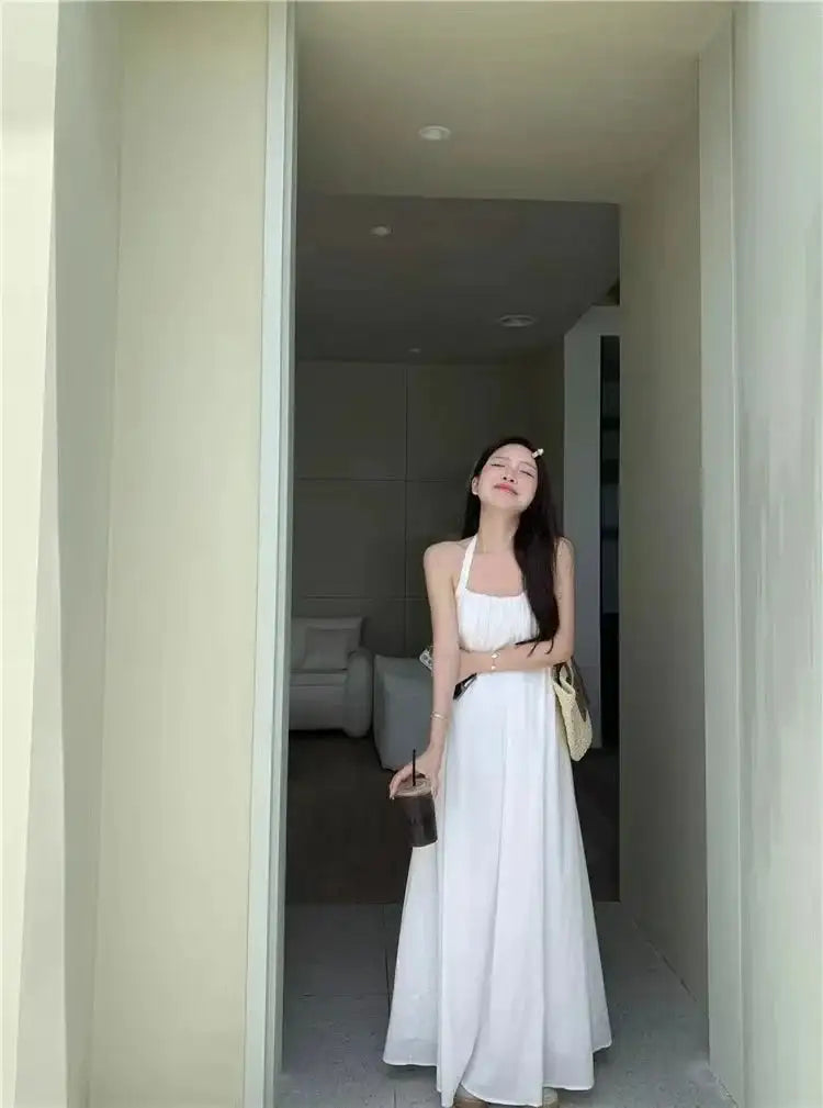 Vestido de vacaciones de verano estilo tailandés con espalda abierta, cuello halter, antiedad, para fotografía, playa, largo, con cinturón