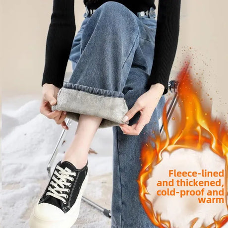 Thickened Fleece-lined Women's Jeans 2022 Winter New Style Slimming Versatile Loose-fit Straight-leg Bell Bottoms Trendy - Lootquake