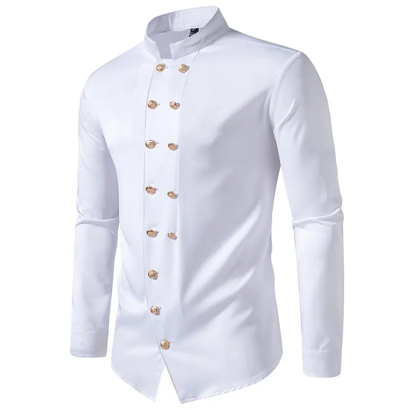 New Long Sleeve Formal Mens Shirt Double Breast Slim Fit Solid Color Mens Wedding Prom Social Tuxedo Dress - Lootquake