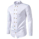 New Long Sleeve Formal Mens Shirt Double Breast Slim Fit Solid Color Mens Wedding Prom Social Tuxedo Dress - Lootquake