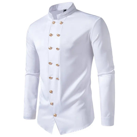 New Long Sleeve Formal Mens Shirt Double Breast Slim Fit Solid Color Mens Wedding Prom Social Tuxedo Dress - Lootquake
