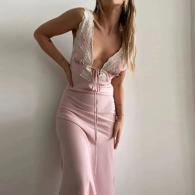 Y2K Chic Women Lace Trim Long Dress 90s Vintage Sexy V Neck Tie Up Backless Bodycon Elegant Lady Club Party Night Cocktail Dress - Lootquake