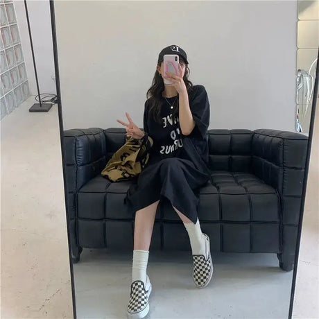 Harajuku Graphic White Long Dress Woman Clothing Y2k Casual Short Sleeve O-Neck Korean Fashion Summer Womens Loose Dresses 2024 - Lootquake