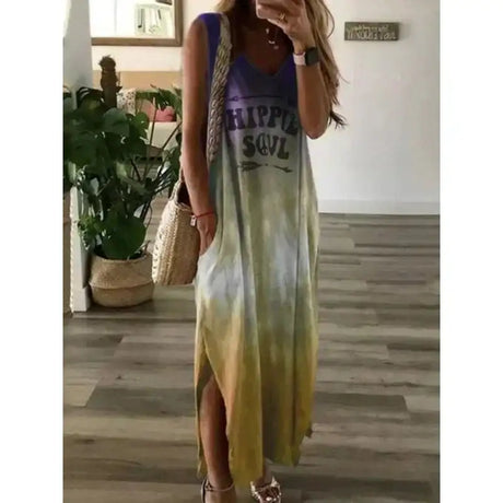 Women's Oversized Sleeveless Pocket Long Dress Women's Tie Dyed Letter Long Dress Casual Loose Slit Gradient Printed Dress - Lootquake