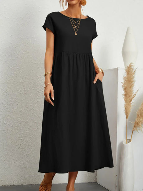 Women Elegant Solid Maxi Dress Summer Short Sleeve O Neck Vintage Harajuku Cotton Linen Loose Sundress Y2K Pockets Long Dress - Lootquake